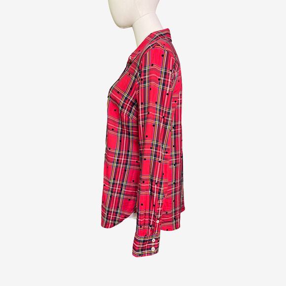 Talbots Red Plaid Polka Dot Button Front Shirt Small Cotton Rayon Blend Holiday - Picture 5 of 8